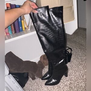 Fashion Nova Black Snakeskin Textured Over the Knee Boots